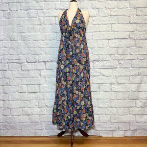 Anthropologie Lil Navy Blue Floral Halter Dress